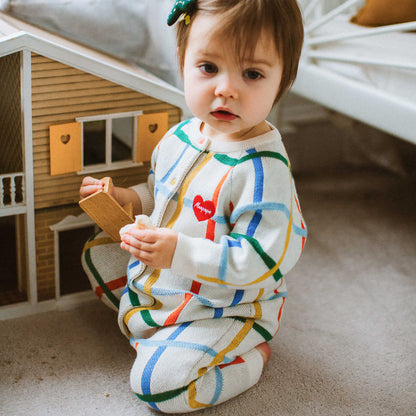 長袖ロンパース コットンニット カラフルチェック柄 ジップアップ カバーオール【mh0011649】