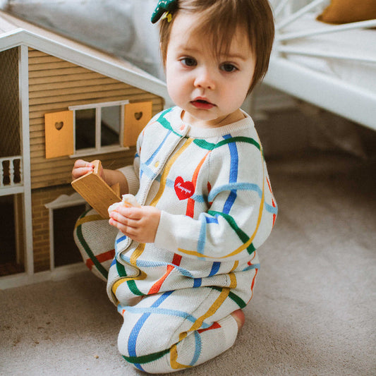 Long-sleeved cotton knit romper with a colorful check pattern. Zip-up coverall. [mh0011649]