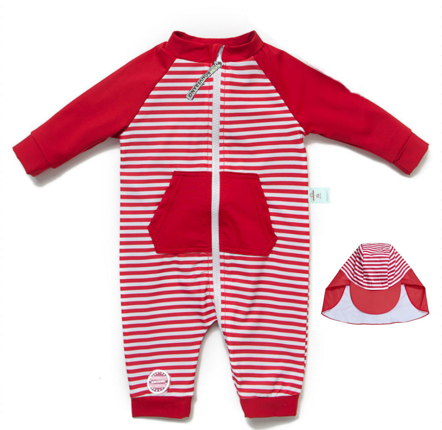 One-Piece Surf Wear With Matching Cap プリント 長袖水着 帽子セット【mh0013315】