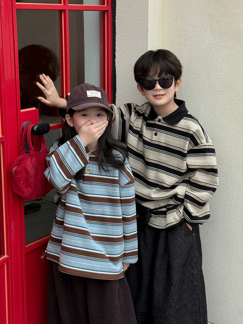 長袖ポロシャツ キッズ ボーダー柄 裏起毛 厚手 ゆったり カジュアル トップス【mh0011669】