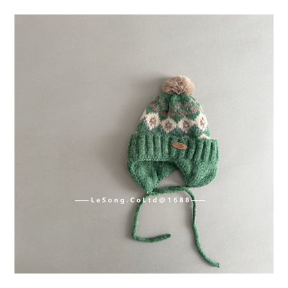 キッズ ニット帽 ノルディック柄 耳当て付き ボンボン 韓国風【mh0011593】