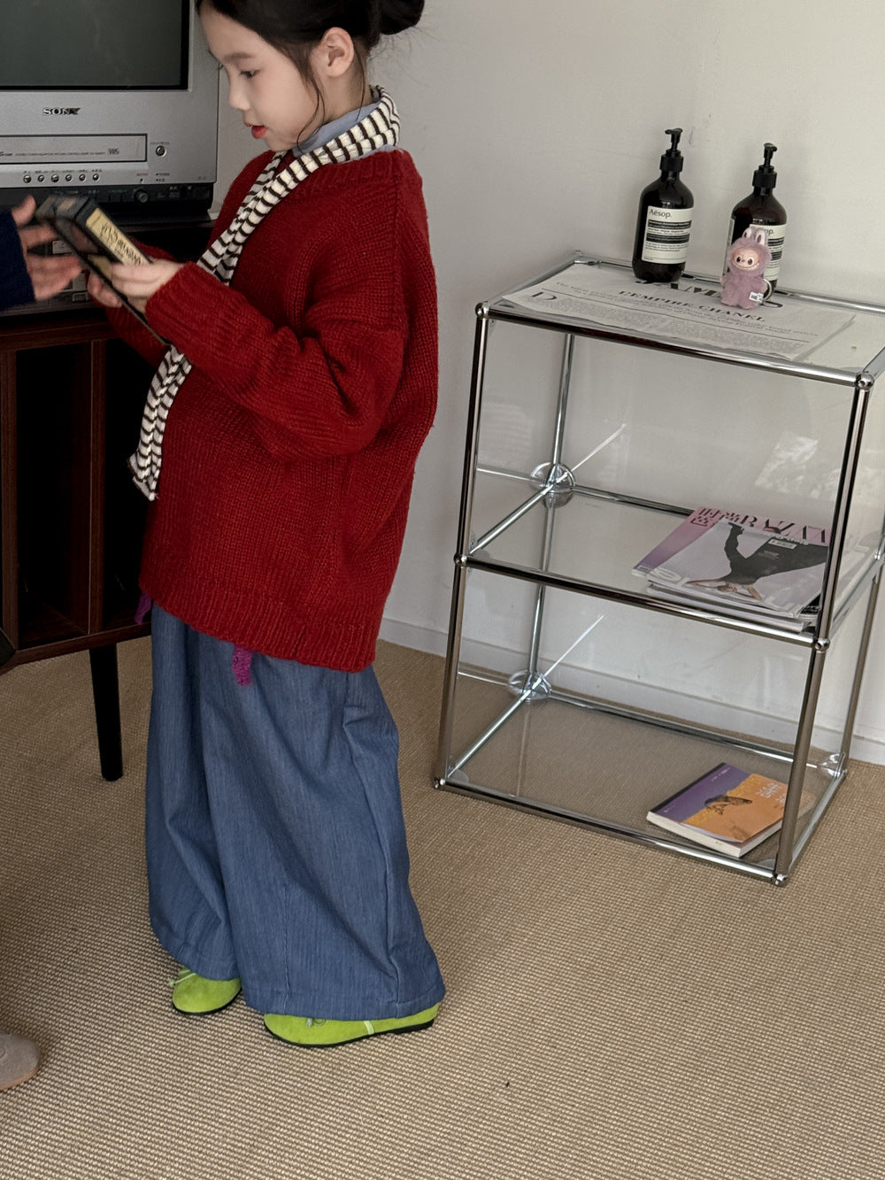 ニットセーター キッズ 裏起毛 厚手 クルーネック 無地 ルーズフィット プルオーバー【mh0011674】