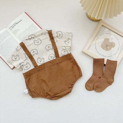 ベビーロンパース 半袖ドッキングボディスーツ ネクタイ ベアくまプリント【mh0005503】