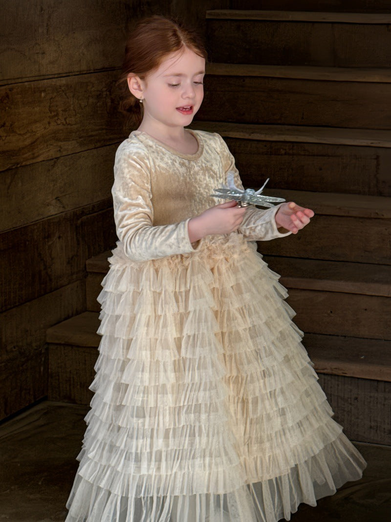 長袖ワンピース ベロア チュチュ チュールスカート パーティドレス【mh0011881】