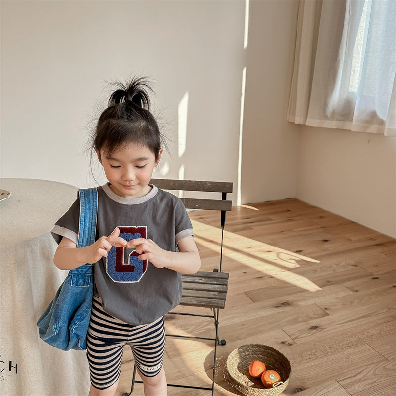 Kids' Alphabet Patchwork Applique Ringer Loose Short-Sleeved T-Shirt [mh0001820]
