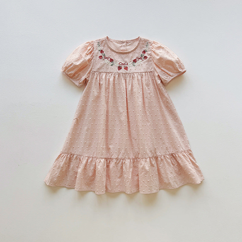 Strawberry Embroidery Dotted Cotton Dress いちご 半袖ワンピース【mh0013653】