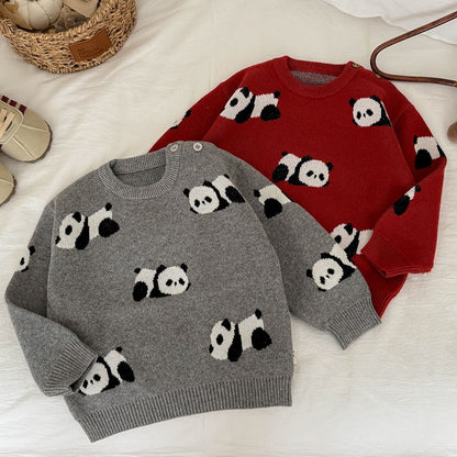 ニットセーター パンダ柄 厚手 クルーネック カジュアル トップス【mh0011691】