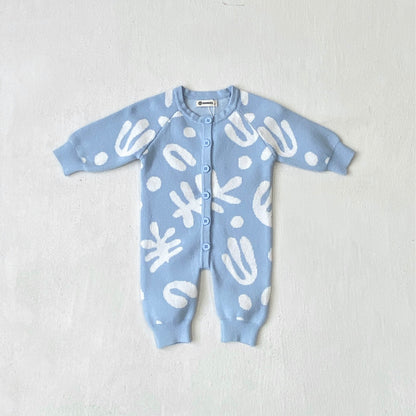 長袖ニットロンパース 幾何学模様 ジャカードニット ジャンプスーツ【mh0011855】