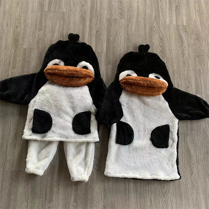 キッズ用ペンギン柄フード付きパジャマ上下セット2点　黒×白、茶くちばしデザイン