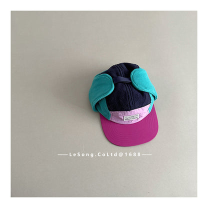 キッズ帽子 フリース カラーブロック 耳当て付き 野球帽【mh0011833】