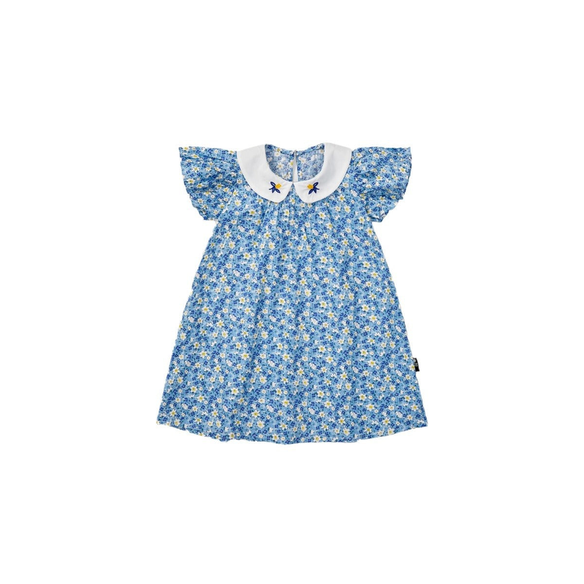 -キッズワンピース 半袖フライングスリーブワンピース 丸襟 フラワー花柄プリント 刺繍 ブルー【mh0006049】 - mamahalo shop - 半袖ワンピース -  べビー服 - 子供服 - 男の子 - 女の子