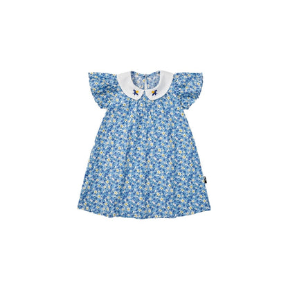-キッズワンピース 半袖フライングスリーブワンピース 丸襟 フラワー花柄プリント 刺繍 ブルー【mh0006049】 - mamahalo shop - 半袖ワンピース -  べビー服 - 子供服 - 男の子 - 女の子