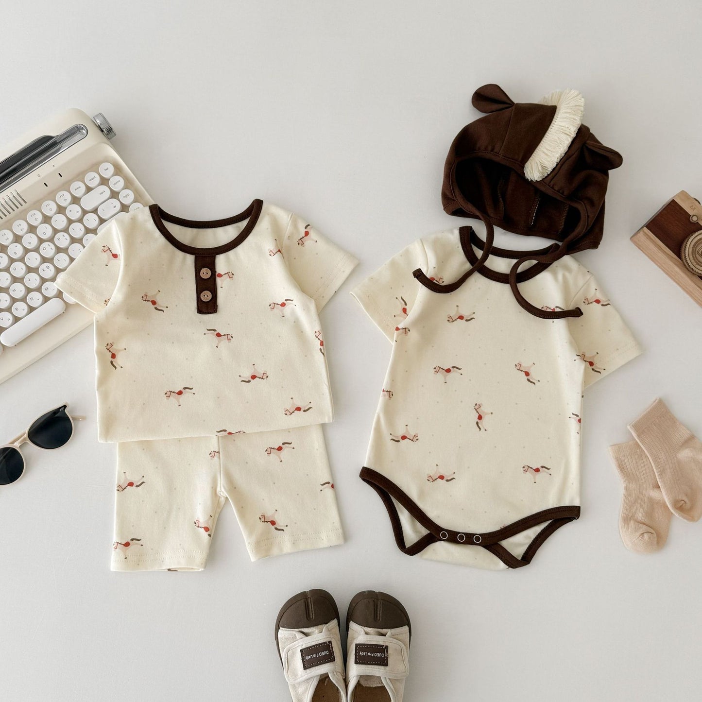 Pony Print Jumpsuit Shorts Set ポニー 半袖ロンパース トップス ショートパンツ セット【mh0013351】