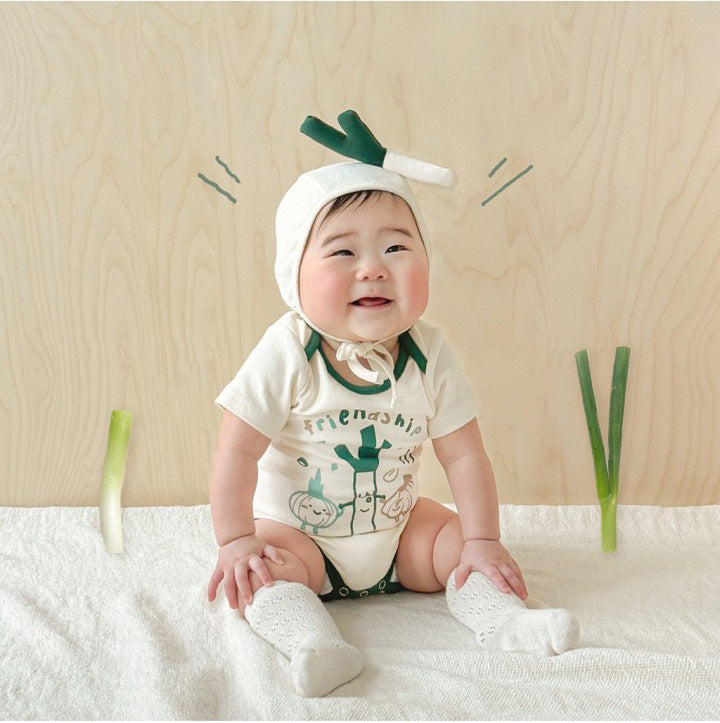 Short Sleeve Green Onion Print Romper ネギ 半袖ロンパース コスチューム【mh0013387】