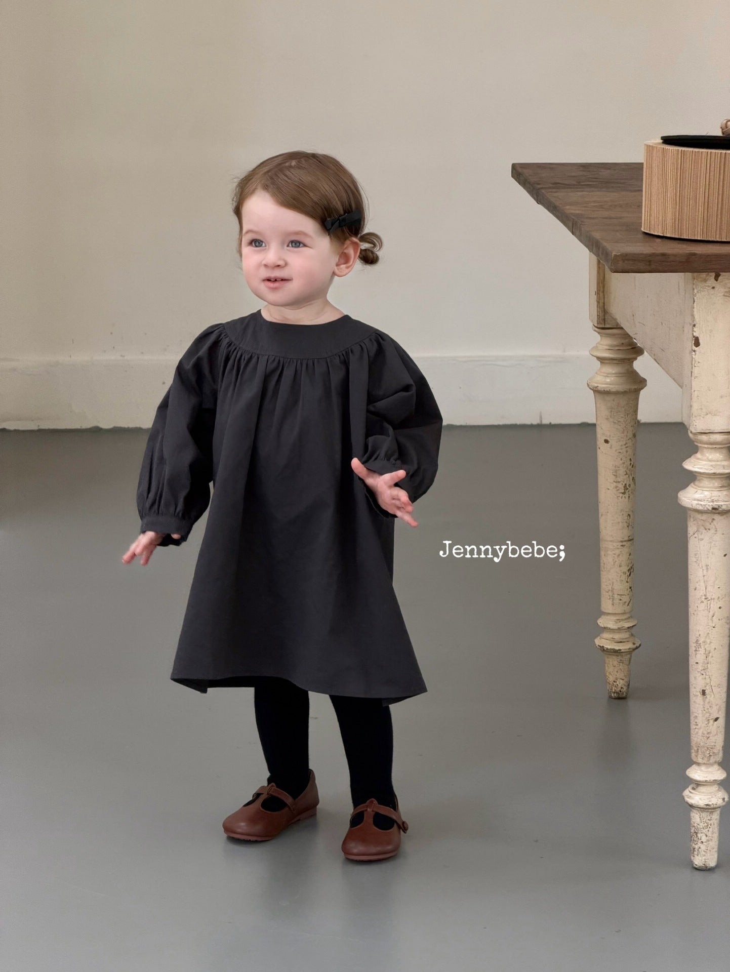 Kids' Plain Long-Sleeved Back-Button Gathered-Waist Flared Dress