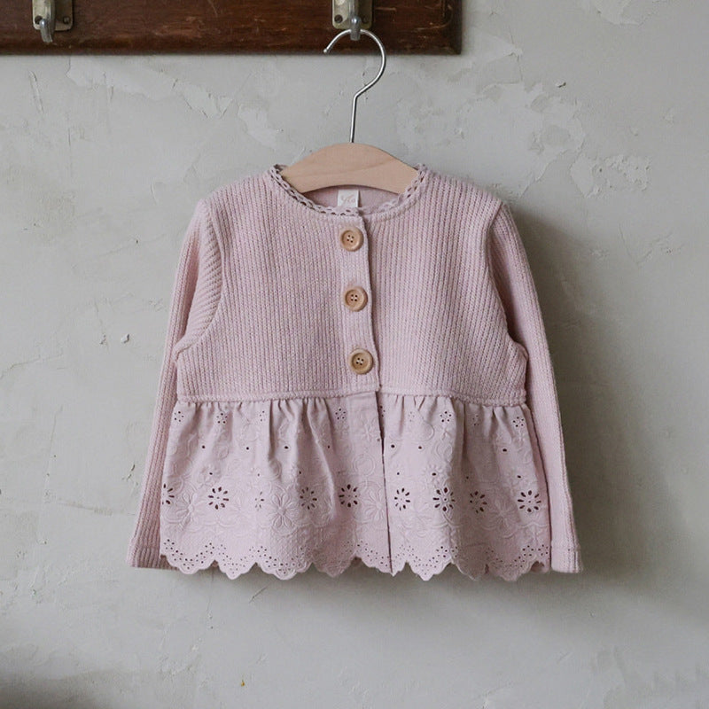 キッズ ジュニア ペプラム 花柄刺繍 レース切替 ニット カーディガン【mh0014799】