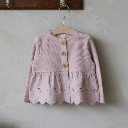 キッズ ジュニア ペプラム 花柄刺繍 レース切替 ニット カーディガン【mh0014799】