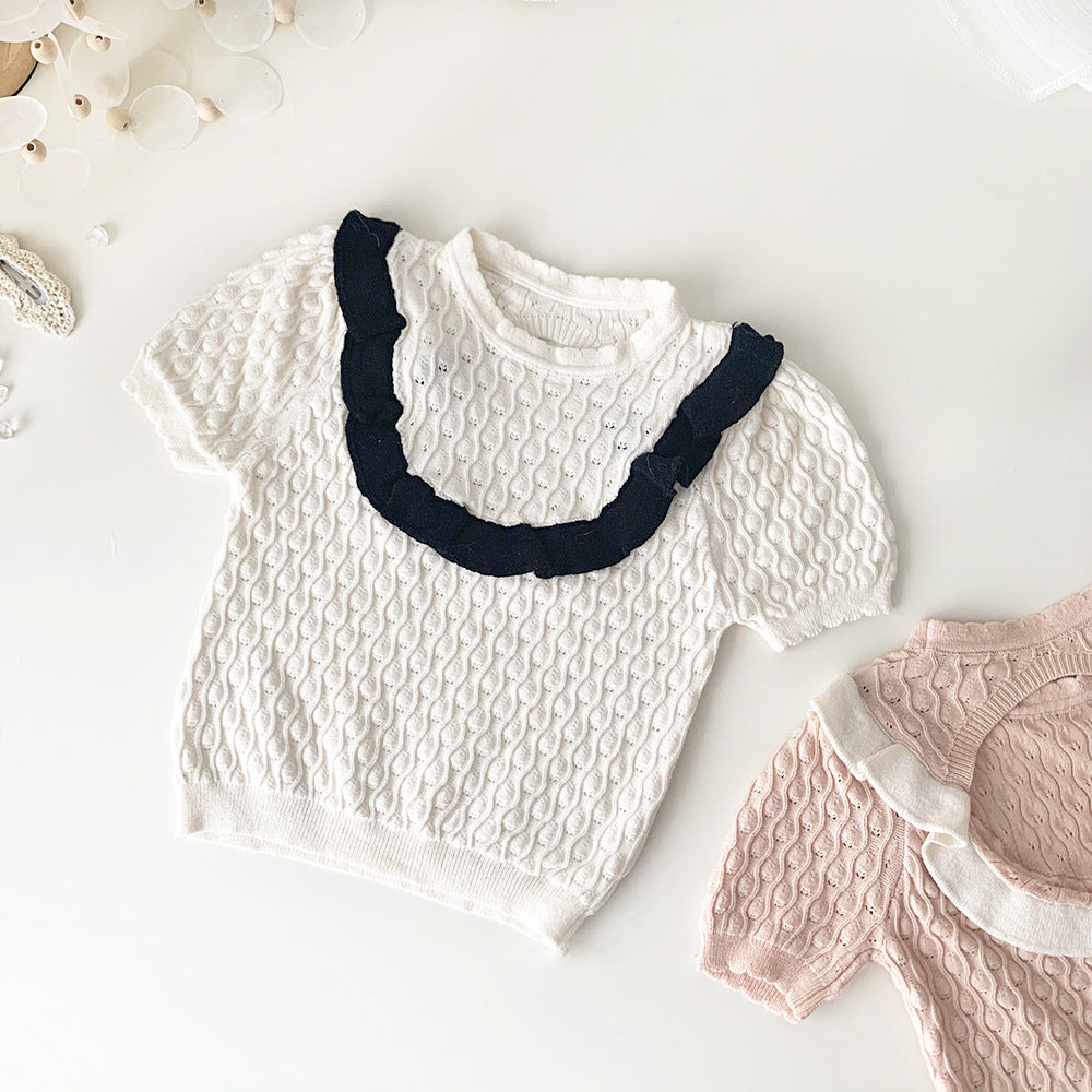Baby Kids Openwork Knit Ruffled Summer Top Backless Short Sleeve T-Shirt [mh0002013]