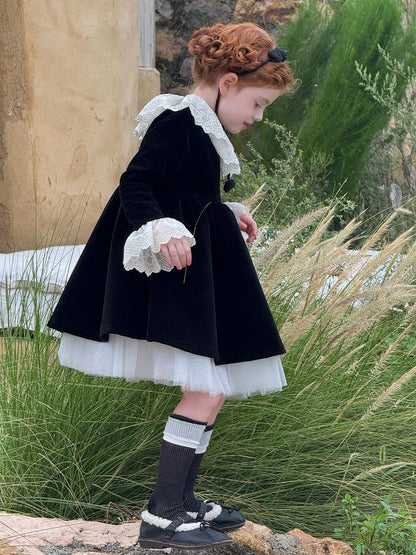 長袖ワンピース レースフリルカラー パーティドレス【mh0011762】