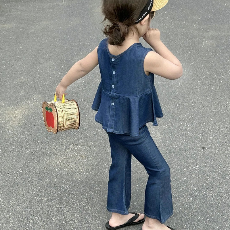 Kids' Denim Sleeveless Peplum Blouse and Flare Pants Set [mh0001861]