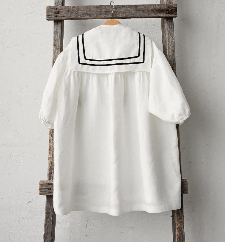 Kids' Sailor Collar Detachable Puff Sleeve Linen A-Line Long-Sleeved Dress [mh0013876]