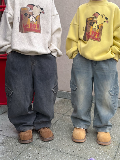 デニムカーゴパンツ 裏フリース ボーイフレンドストレート ポケット ジーンズ【mh0011876】