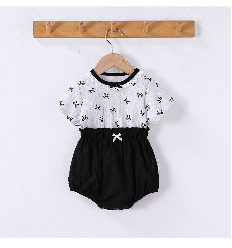 Ribbon Print Ruffle Neck Tee and Bloomer Set リボン 半袖Tシャツ ショートパンツ セット【mh0013599】
