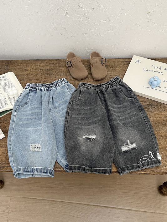 Vaqueros holgados anchos con efecto desgastado para bebé y niño【mh0013997】