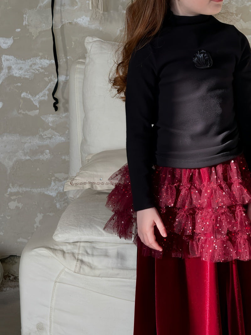 ハイネック長袖Tシャツ/ベルベッドメッシュドッキングスカート【mh0011888】