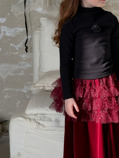 ハイネック長袖Tシャツ/ベルベッドメッシュドッキングスカート【mh0011888】