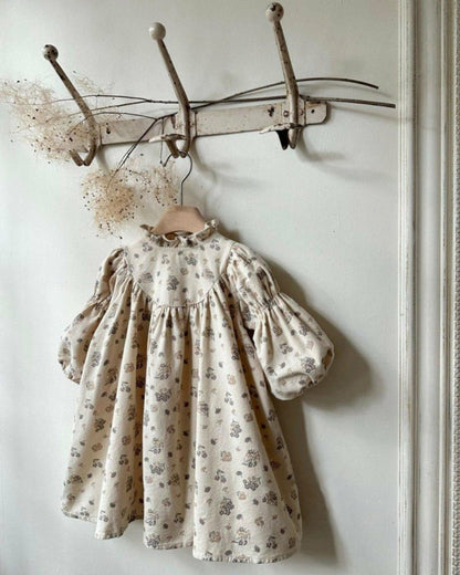 長袖ワンピース 小花柄プリント フリルスタンドカラー バブルスリーブ【mh0011850】