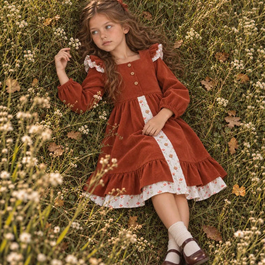 Vestido princesa lolita de pana con flores y bloques de color para niña, primavera/otoño 2027, estilo JK de dos piezas falso【mh0014745】