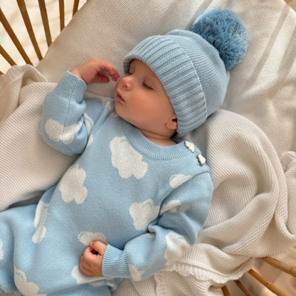Pelele de punto de manga larga para bebé con estampado de nubes y gorro de punto con pompones [mh0014702]