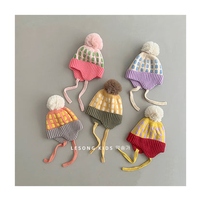 キッズ帽子 ニットキャップ 耳あてぽんぽん付き カラフル 防寒【mh0011794】