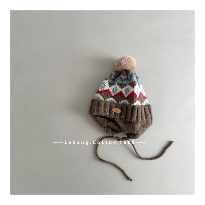 キッズ ニット帽 ノルディック柄 耳当て付き ボンボン 韓国風【mh0011593】