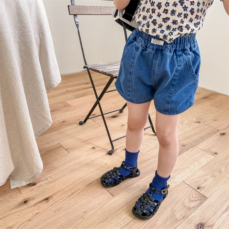 キッズ デニム ショートパンツ ルーズ ひざ丈見え ウォッシュ ブルー ポケット付き