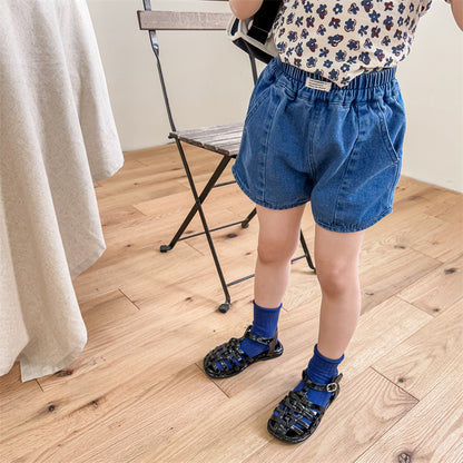 キッズ デニム ショートパンツ ルーズ ひざ丈見え ウォッシュ ブルー ポケット付き