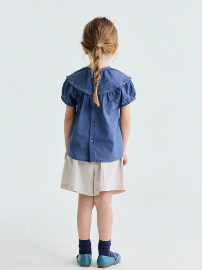 French Lace Puff Sleeve Cotton Shirt レース 半袖ブラウス【mh0013200】
