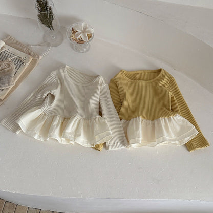 Camiseta de manga larga acanalada con volantes estilo peplum para bebés y niños 【mh0014484】