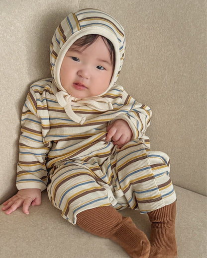 -カラフルボーダーロンパース ボンネット付き リブ編み コットンカバーオール 2点セット【mh0010891】 - mamahalo shop - 長袖ロンパース -  べビー服 - 子供服 - 男の子 - 女の子