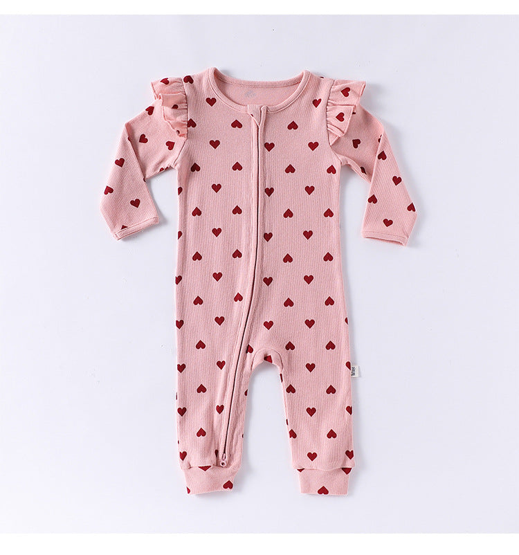 -ハート/リボンプリントジップアップ長袖ジャンプスーツ【mh0010734】 - mamahalo shop - 長袖ロンパース -  べビー服 - 子供服 - 男の子 - 女の子