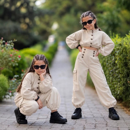 Conjunto infantil de sudadera de manga larga con cuello mao y corte cropped y pantalón cargo 【mh0014732】