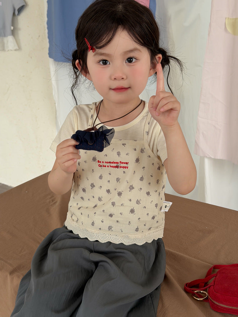 Floral Layered Camisole Set フラワープリント 半袖Tシャツ【mh0013113】