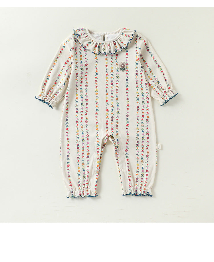 Bebé: pelele de manga larga con cuello de volantes y estampado de florecitas【mh0013962】