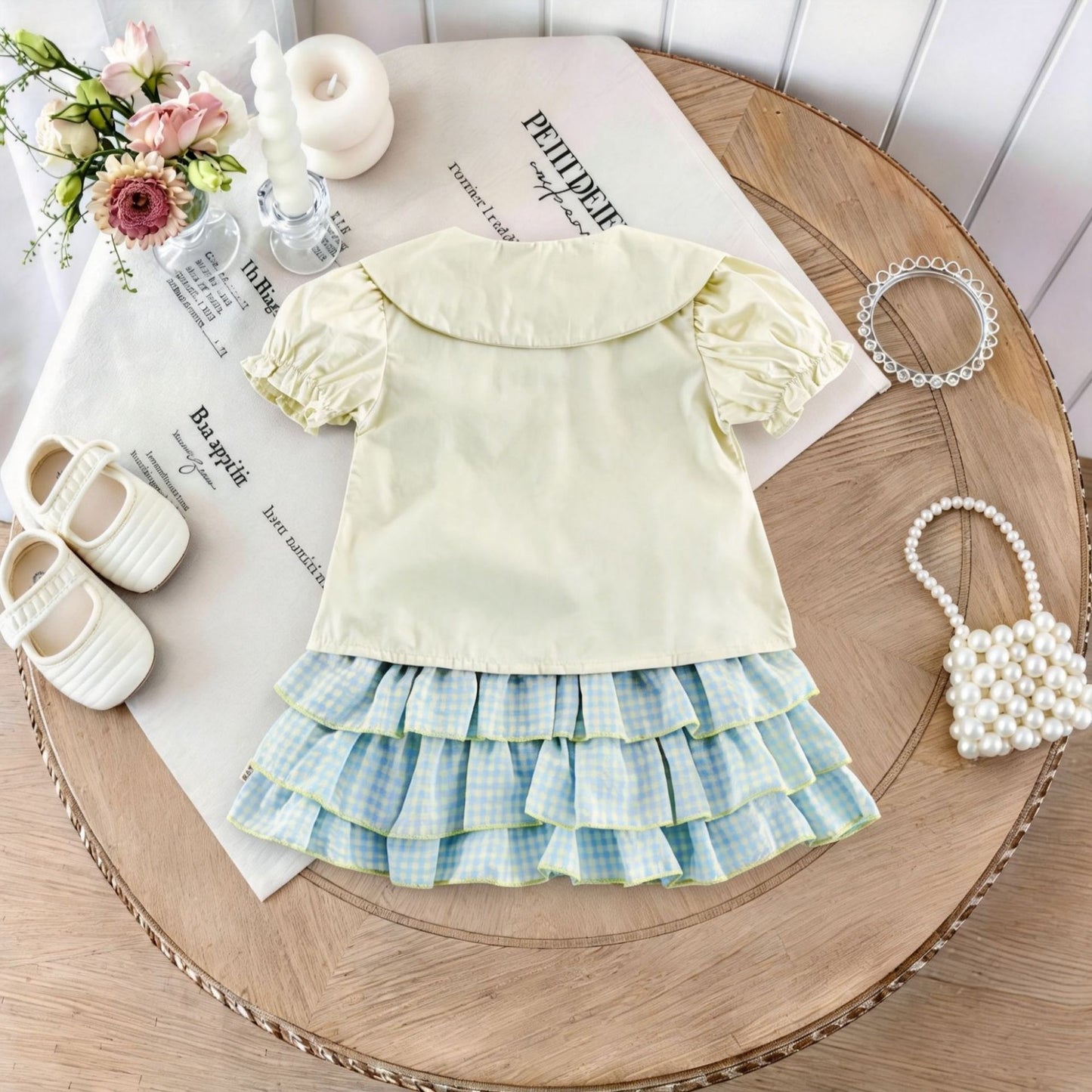 Gingham Ruffle Layered Skirt Doll Shirt Set チェック 半袖ブラウス キュロットスカート セット【mh0013437】