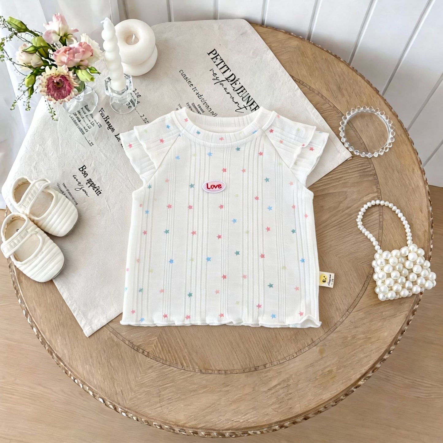 キッズ スタープリント ラッフルスリーブ 半袖Tシャツ【mh0013839】