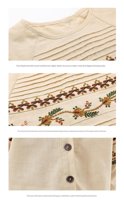 -長袖ワンピース 麻混素材 刺繍 ボヘミアン ギャザー フレア 森ガール【mh0011303】 - mamahalo shop - 長袖ワンピース -  べビー服 - 子供服 - 男の子 - 女の子