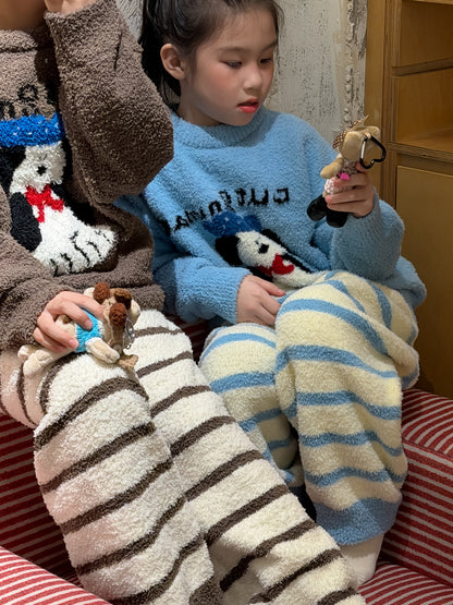 Coral fleece pajama set with dog motif, striped pants, and loungewear [mh0011872]