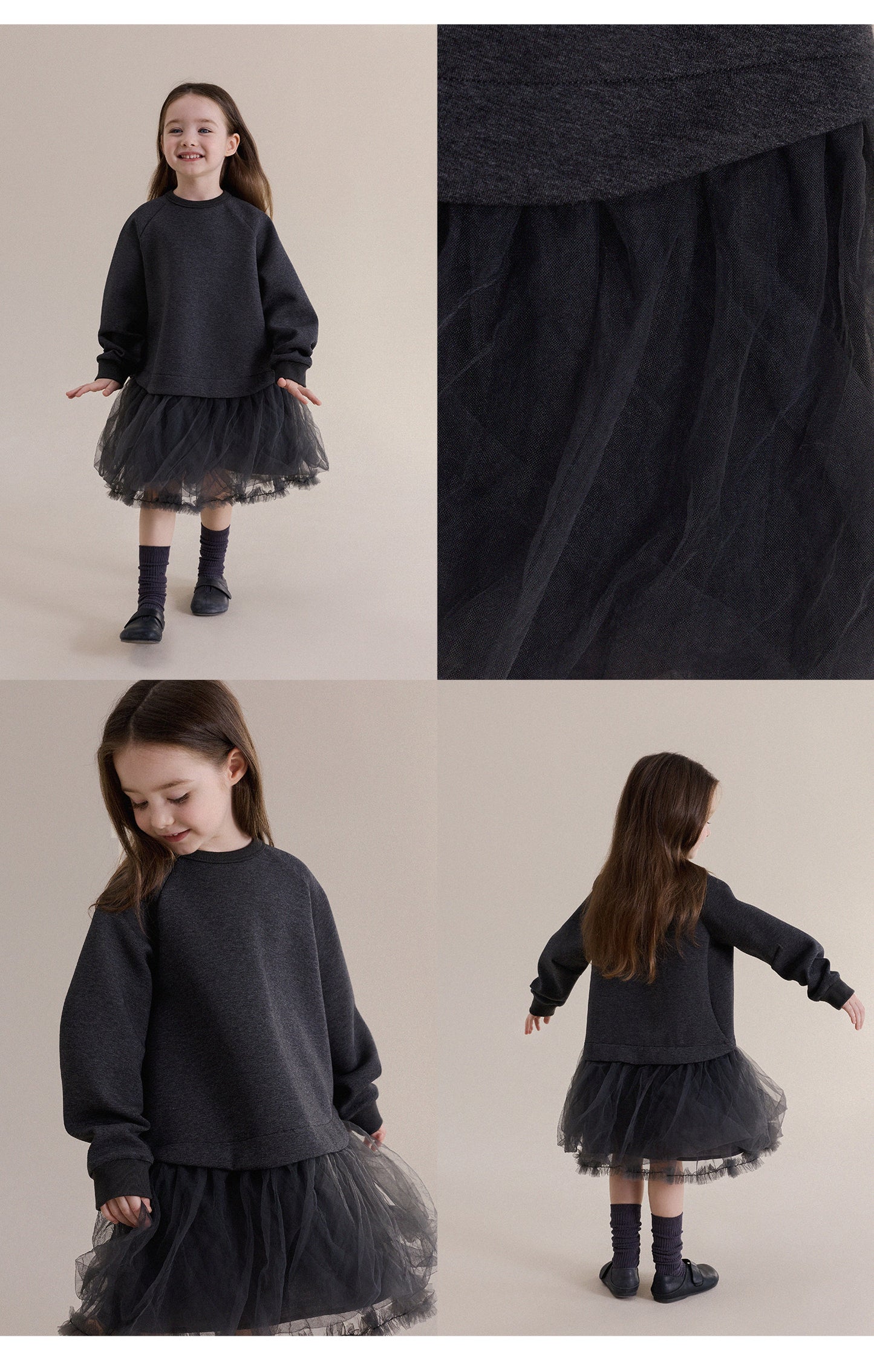 Kids' Tulle-Paneled Long-Sleeved Dress [mh0013976]