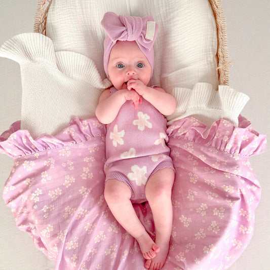 ノースリーブニットロンパース 花柄 ジャカードニット ボディスーツ ヘアバンド【mh0011857】